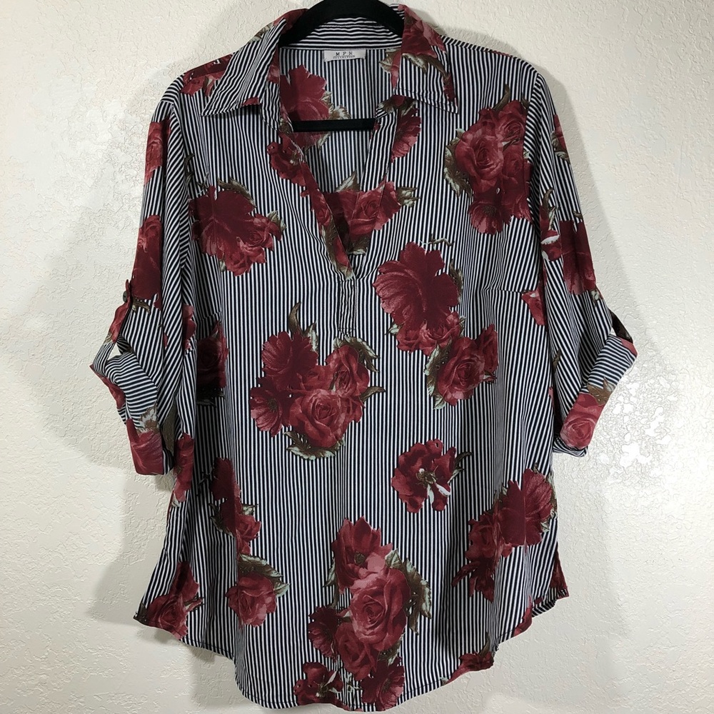 M P H Collection Blouse striped w burgundy roses